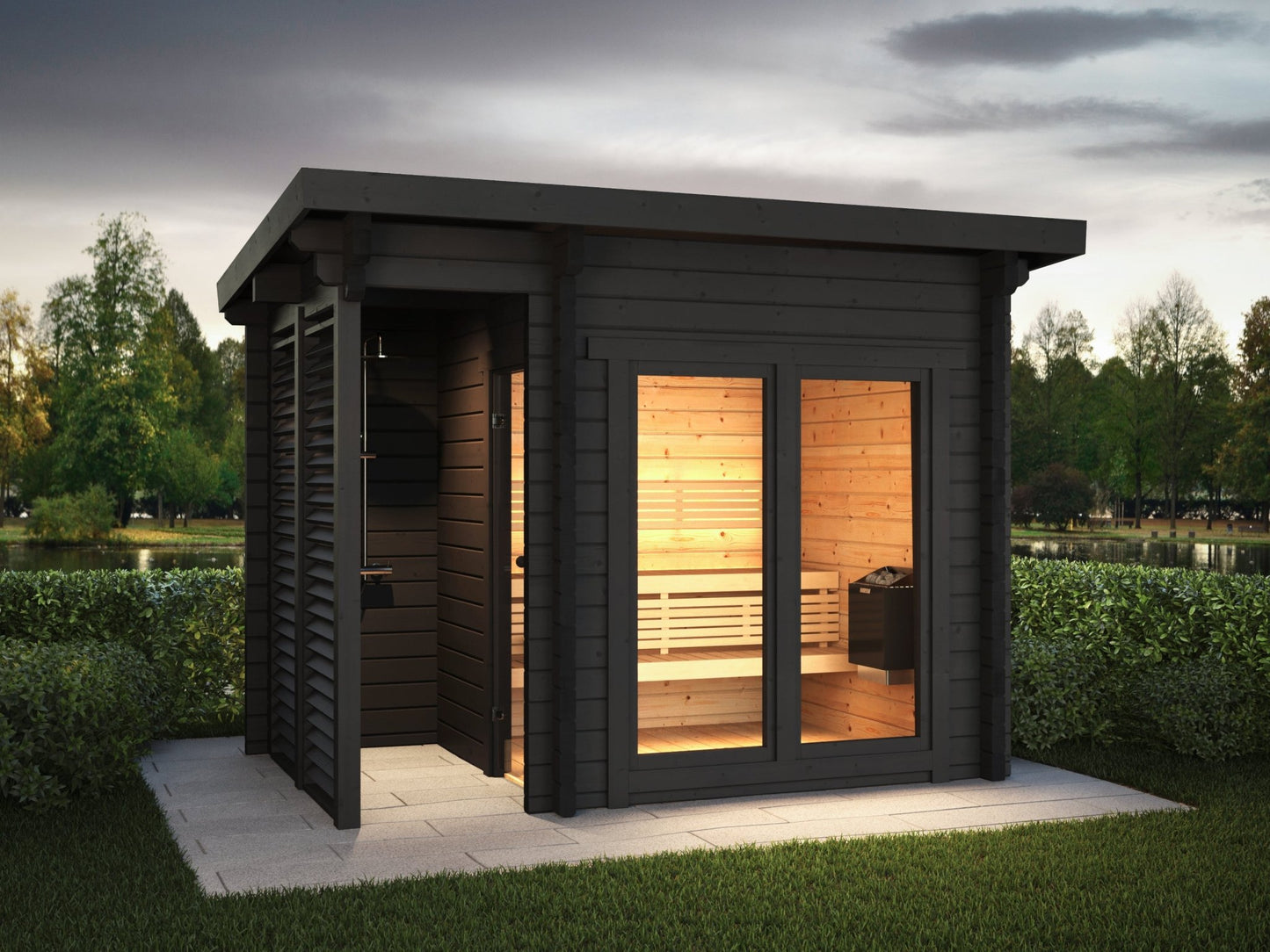 Saunamo Sauna de lujo Deluxe Plus en una zona verde.