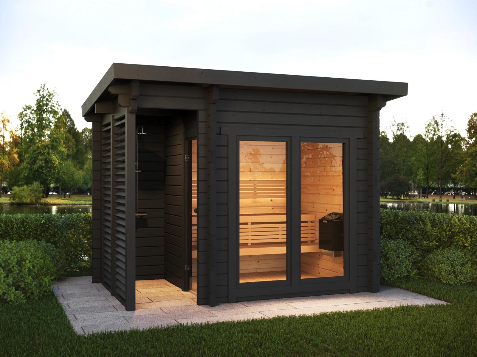 Saunamo Sauna Deluxe Plus de madera en el jardín.