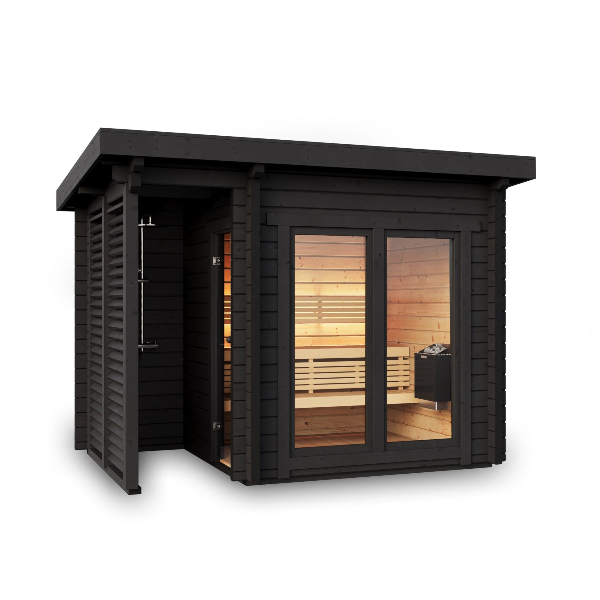 Saunamo Sauna Deluxe Plus de madera de abeto con puerta de cristal.