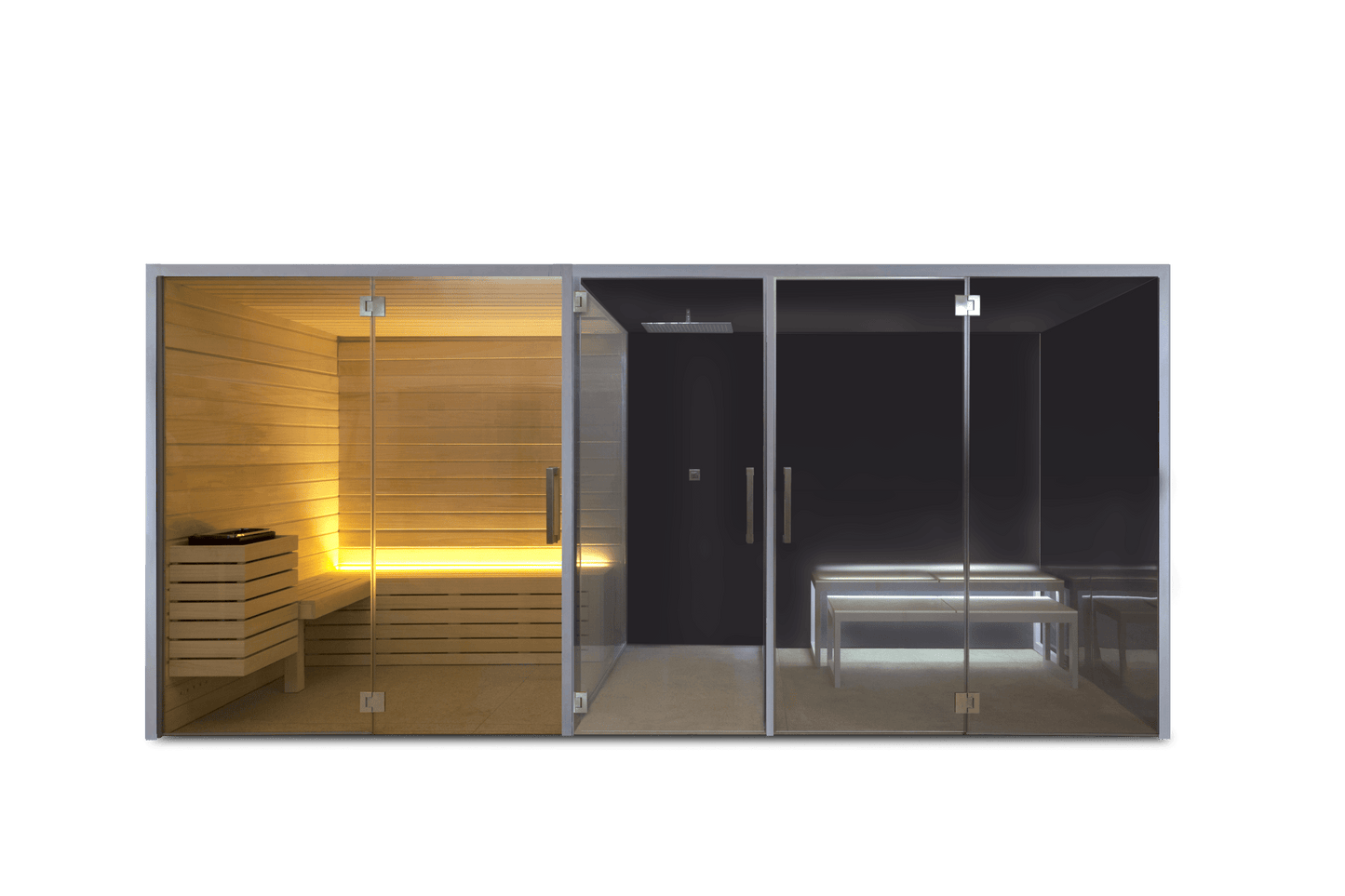 Saunamo Dual: Sauna y Hammam con pared de cristal y bancos.