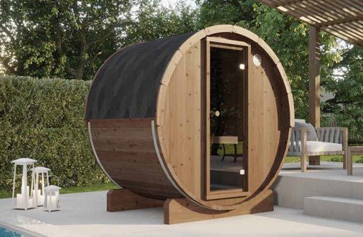 Saunamo Sauna de barril Ergo con puerta y linterna.