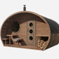 Saunamo Sauna exterior de madera Hobbit 300 con puerta redonda y chimenea.