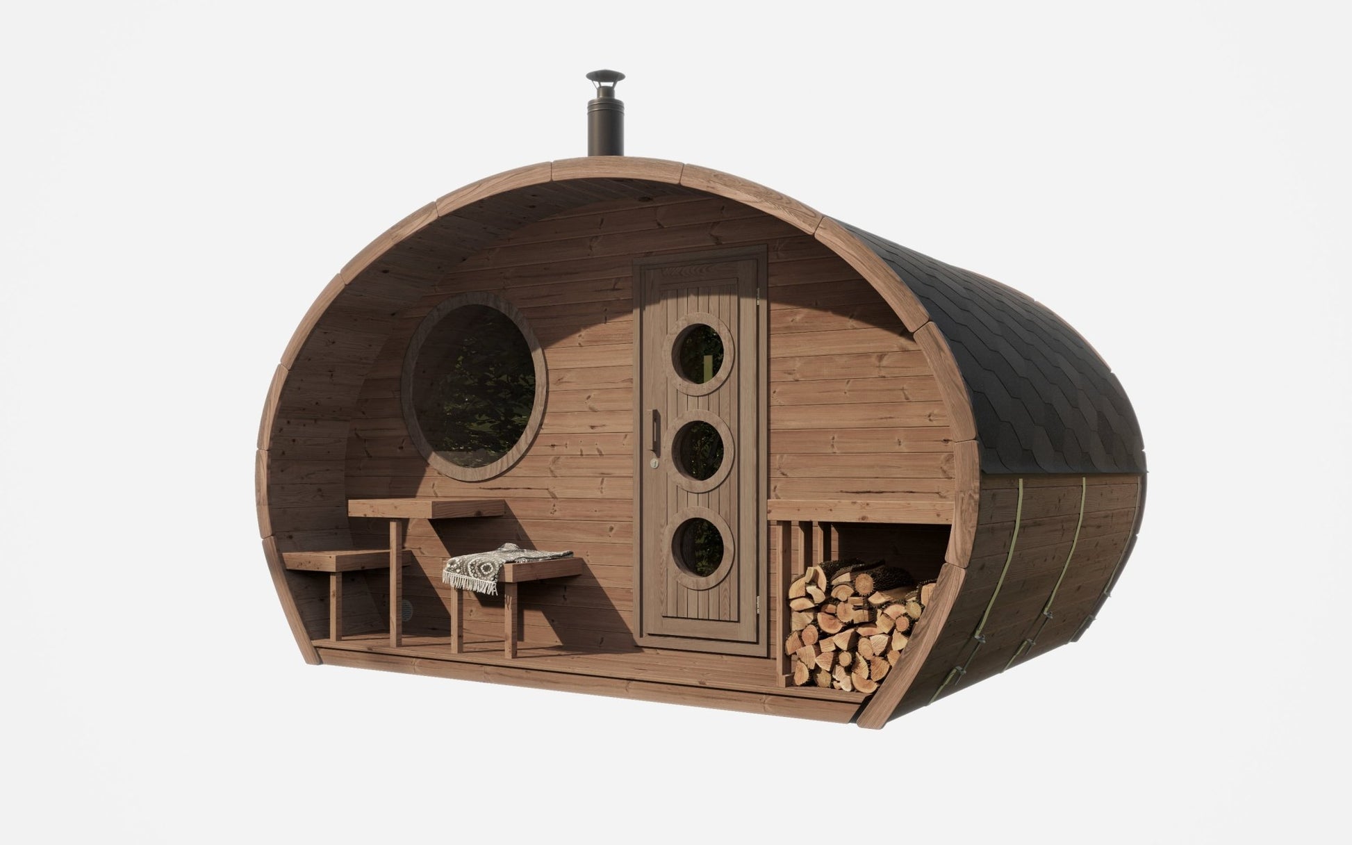 Saunamo Sauna exterior de madera Hobbit 300 con puerta redonda y chimenea.