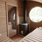 Saunamo Sauna exterior Hobbit 300 con ventana redonda y compartimento para leña.