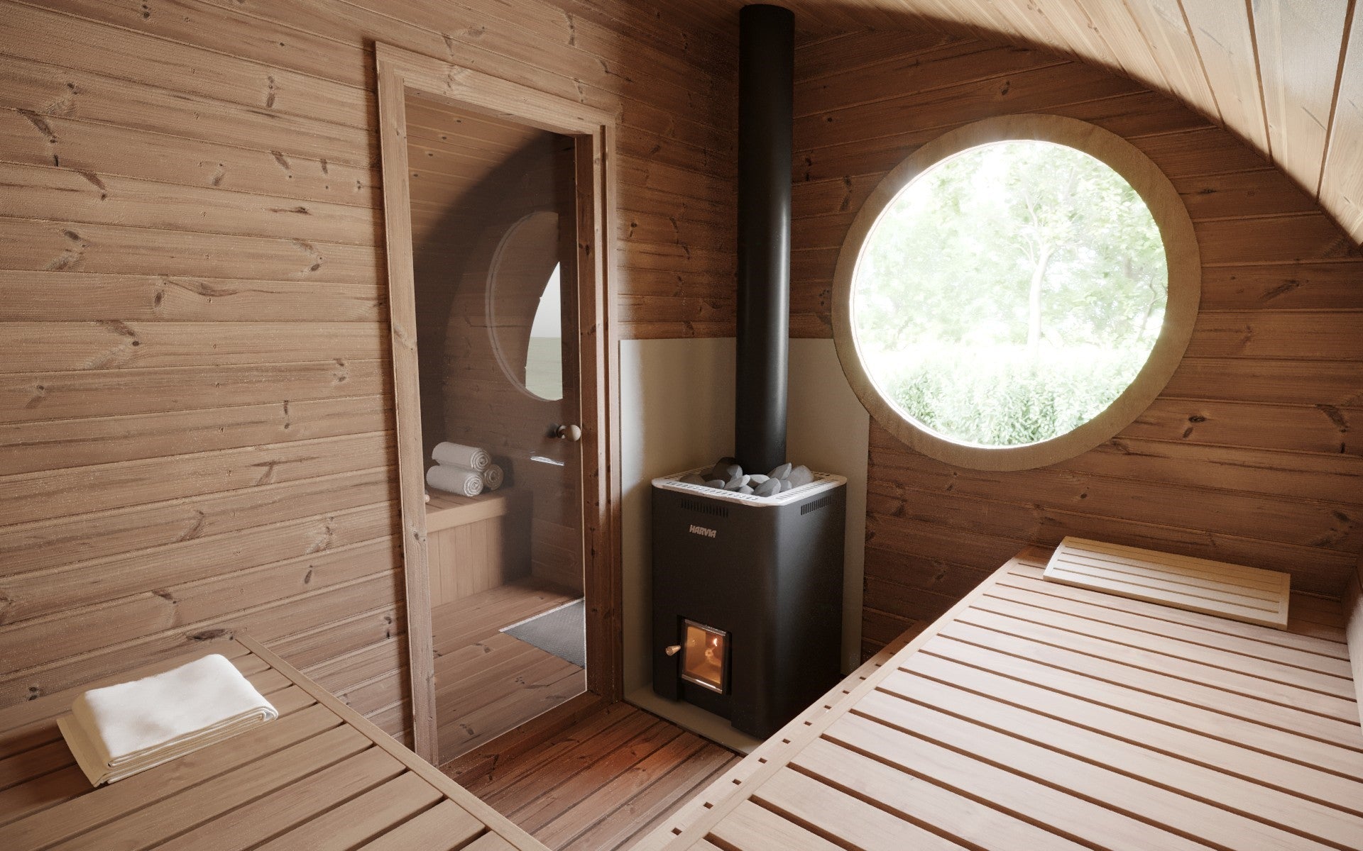 Saunamo Sauna exterior Hobbit 300 con ventana redonda y compartimento para leña.