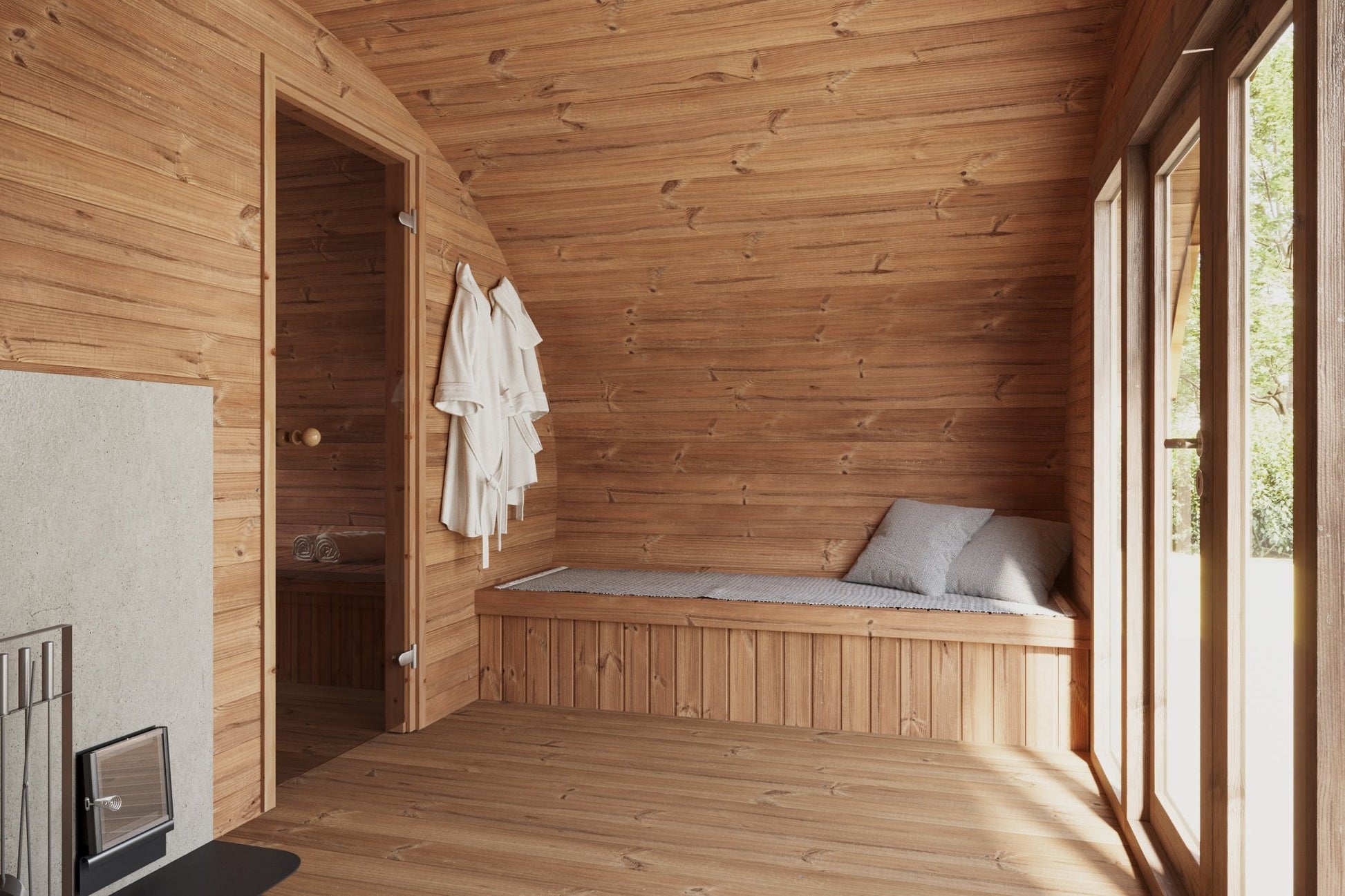 Saunamo Amplia sauna Hobbit 500 con 3 habitaciones y grandes ventanales.