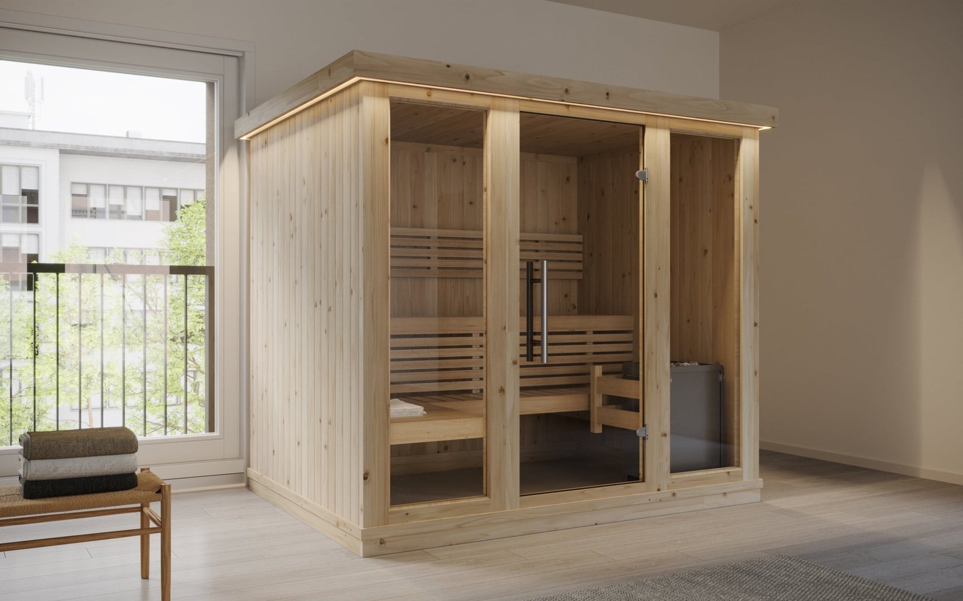 Amplia sauna cubierta con puertas de cristal templado.