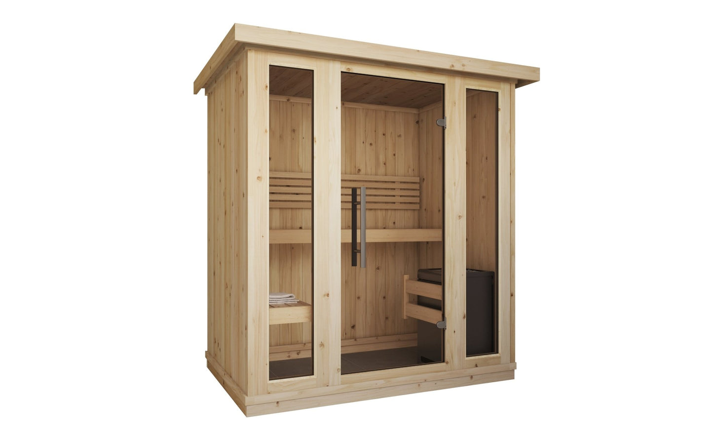 Mini sauna interior con puertas de cristal templado.