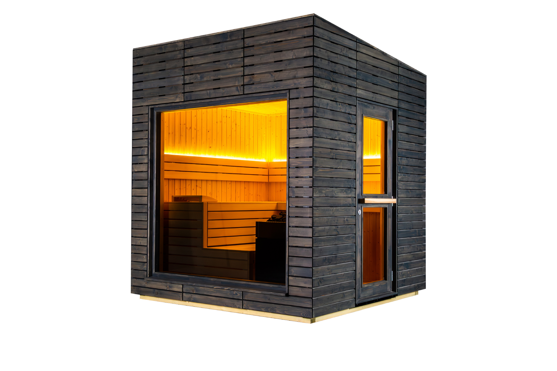 Sauna al aire libre con aislamiento Alpine y ventana iluminada.