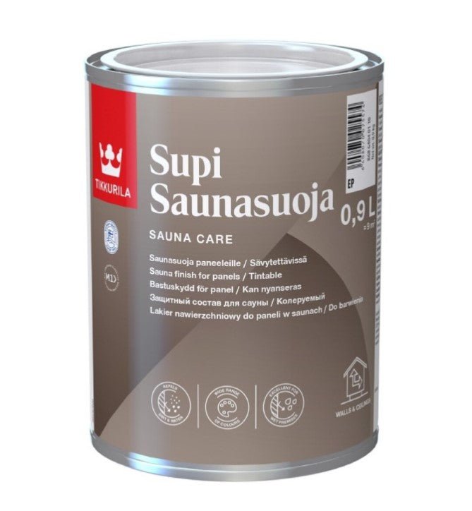 Tikkurila Sauna Finish 0.9L: Lata de acabado repelente para saunas.